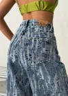 Açık Mavi Yıkamalı Desenli Wide Leg Jean Pantolon