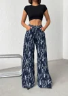 Mavi Yıkamalı Desenli Wide Leg Jean Pantolon