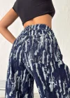 Mavi Yıkamalı Desenli Wide Leg Jean Pantolon