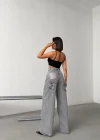 Antrasit Pink Taş Detaylı Yırtık Wide Leg Jean Pantolon