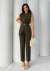 Haki Kemerli Kolsuz Yelek Pantolon İkili Takım