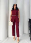 Bordo Kemerli Kolsuz Yelek Pantolon İkili Takım