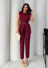 Bordo Kemerli Kolsuz Yelek Pantolon İkili Takım