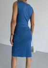 Mavi Toka Detay Midi Boy Dalgıç Elbise