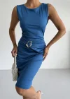 Mavi Toka Detay Midi Boy Dalgıç Elbise