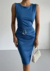 Mavi Toka Detay Midi Boy Dalgıç Elbise