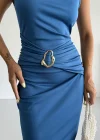 Mavi Toka Detay Midi Boy Dalgıç Elbise
