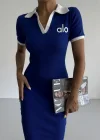 Mavi Alo Yakalı Likralı Elbise