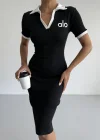 Siyah Alo Yakalı Likralı Elbise