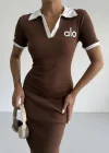 Kahve Alo Yakalı Likralı Elbise