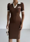 Kahve Alo Yakalı Likralı Elbise