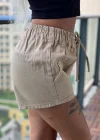 Bej Bağcıklı Kot Şort