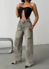 Grunge Stil Eskitme Efektli Geniş Paça Jean