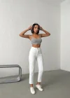 Işıltılı Cep Detaylı Mom Fit Beyaz Kot Pantolon