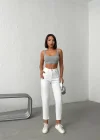 Işıltılı Cep Detaylı Mom Fit Beyaz Kot Pantolon