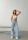 Yan Pileli ve Yırtık Detaylı Açık Mavi Baggy Jean Pantolon