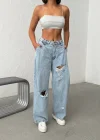 Yan Pileli ve Yırtık Detaylı Açık Mavi Baggy Jean Pantolon
