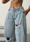 Yan Pileli ve Yırtık Detaylı Açık Mavi Baggy Jean Pantolon