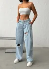Yan Pileli ve Yırtık Detaylı Açık Mavi Baggy Jean Pantolon
