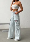 Buz Mavisi Yüksek Bel Yırtıklı Kargo Kot Pantolon