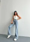 Yazı Detaylı Wide Leg Jean Pantolon