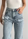 Yazı Detaylı Wide Leg Jean Pantolon