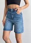Mavi Yüksek Bel Premium Denim Bermuda Şort