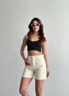 Krem Yüksek Bel Premium Denim Bermuda Şort
