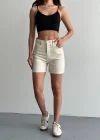 Krem Yüksek Bel Premium Denim Bermuda Şort