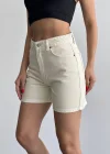 Krem Yüksek Bel Premium Denim Bermuda Şort