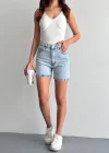 Buz Mavi Yüksek Bel Premium Denim Bermuda Şort