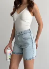 Buz Mavi Yüksek Bel Premium Denim Bermuda Şort