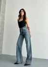 Taş Detaylı Yüksek Bel Wide Leg Jean Pantolon
