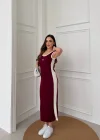Bordo Alo Pike Modal Yırtmaçlı Uzun Elbise