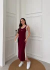 Bordo Alo Pike Modal Yırtmaçlı Uzun Elbise