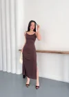 Kahve İp Askılı Pike Modal Yırtmaçlı Uzun Elbise