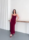Bordo İp Askılı Pike Modal Yırtmaçlı Uzun Elbise