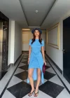 Bebe Mavi Bağlamalı Asimetrik Midi Elbise