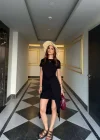 Siyah Bağlamalı Asimetrik Midi Elbise
