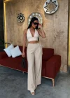 Krem Tensel Kumaş Pul Detaylı Palazzo Pantolon