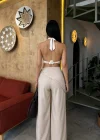 Krem Tensel Kumaş Pul Detaylı Palazzo Pantolon
