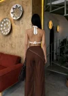 Kahve Tensel Kumaş Pul Detaylı Palazzo Pantolon