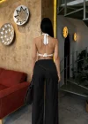 Siyah Tensel Kumaş Pul Detaylı Palazzo Pantolon