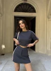 Antrasit Şeritli Şort Etekli Modal Takım