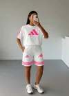Beyaz ADD Fuşya Çizgili Oversize Unisex Şortlu Takım
