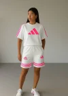 Beyaz ADD Fuşya Çizgili Oversize Unisex Şortlu Takım