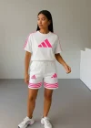 Beyaz ADD Fuşya Çizgili Oversize Unisex Şortlu Takım