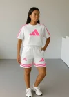 Beyaz ADD Fuşya Çizgili Oversize Unisex Şortlu Takım