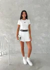 Beyaz Alo Çizgili Ribana Şort Etekli Takım