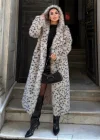 Gri Leopar Kapşonlu Uzun İthal Kürk
